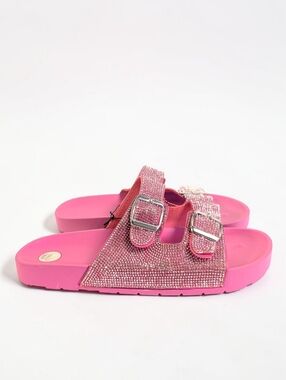 Pink Rhinestone Double Buckle Slide Sandals Glam Sparkle Size 11 NWOT